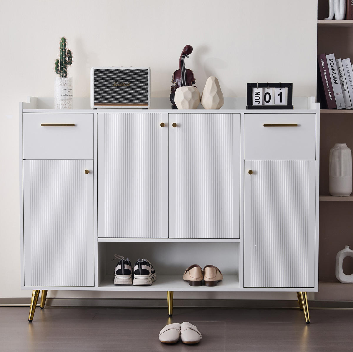 SCHUHSCHRANK 130/37/100 cm weiß aus Spanplatte mit 2 Schubladen - Weiß, Holzwerkstoff (130/100/37cm) - OKWISH