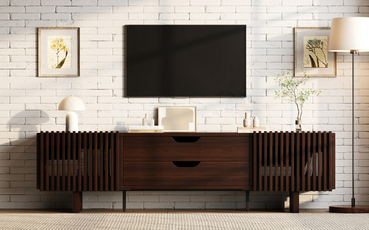 LOWBOARD 180/40/45 cm aus MDF mit 2 Schubladen und Lamellentüren Dunkle Walnuss - Braun, Holzwerkstoff (180/45/40cm) - Modenvie