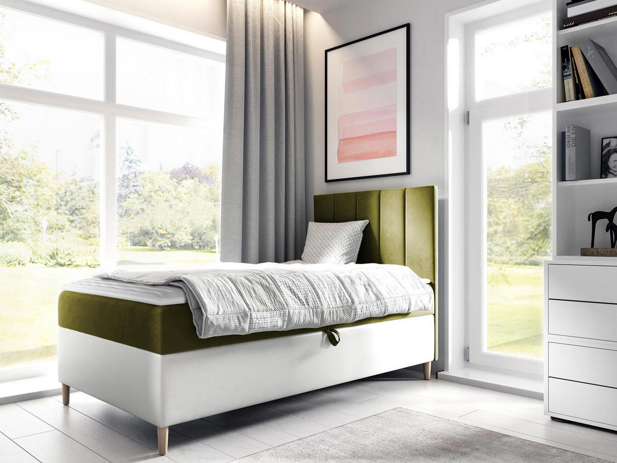 BOXBETT Maja Junior 1, Seite zum Öffnen des Bettkastens: Rechts - Weiß/Grün, Holz (90/200cm) - MIRJAN24