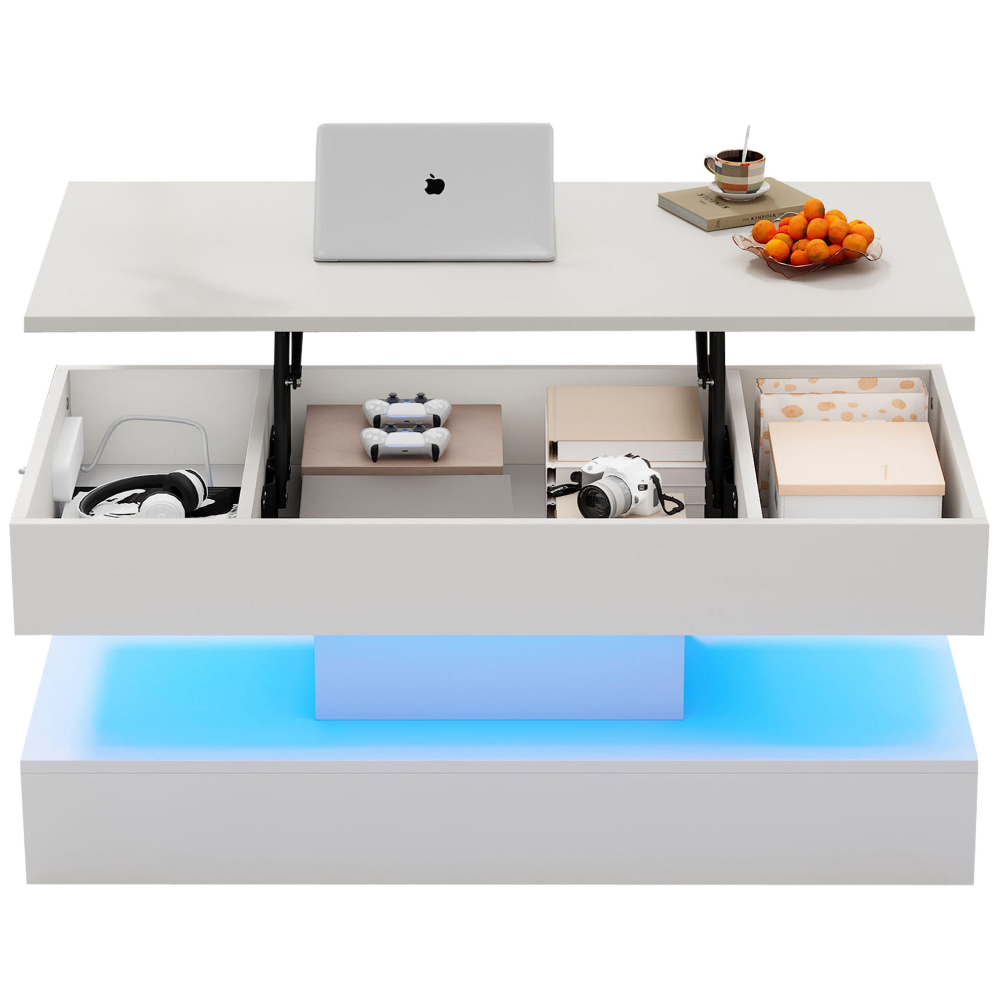OKWISH KONFERENČNÍ stolek 100/50/42 cm bílý z dřevotřísky s LED osvětlením a výškově nastavitelnou deskou