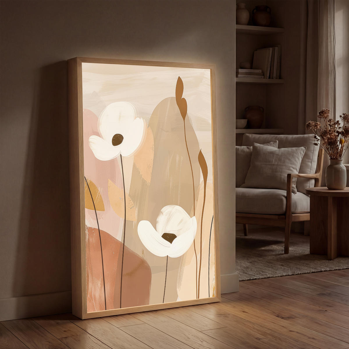 WANDLEUCHTE MIT AKKU Blumen - Abstrakt - Beige - Strichzeichnung 70x100 cm - Sandfarben, Holzwerkstoff (70/100/8cm) - OnlyWow