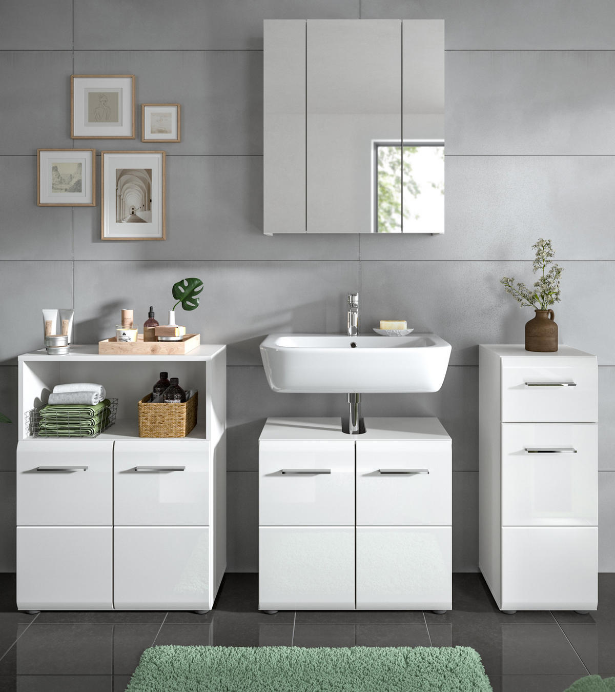 BADMÖBEL-SET weiß Hochglanz, Badkombination 4-teilig 180 cm - Weiß Hochglanz/Silberfarben, Glas/Holzwerkstoff (180/185/30cm) - Inn.Furn