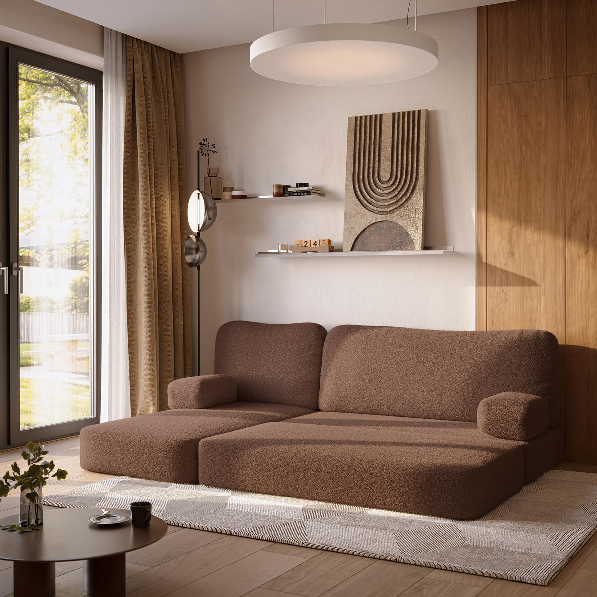 ECKSOFA SABI modulares Boneless Sofa mit Schlaffunktion Braun Boucle-Stoff - Braun, Textil (200/120cm) - MASSENO