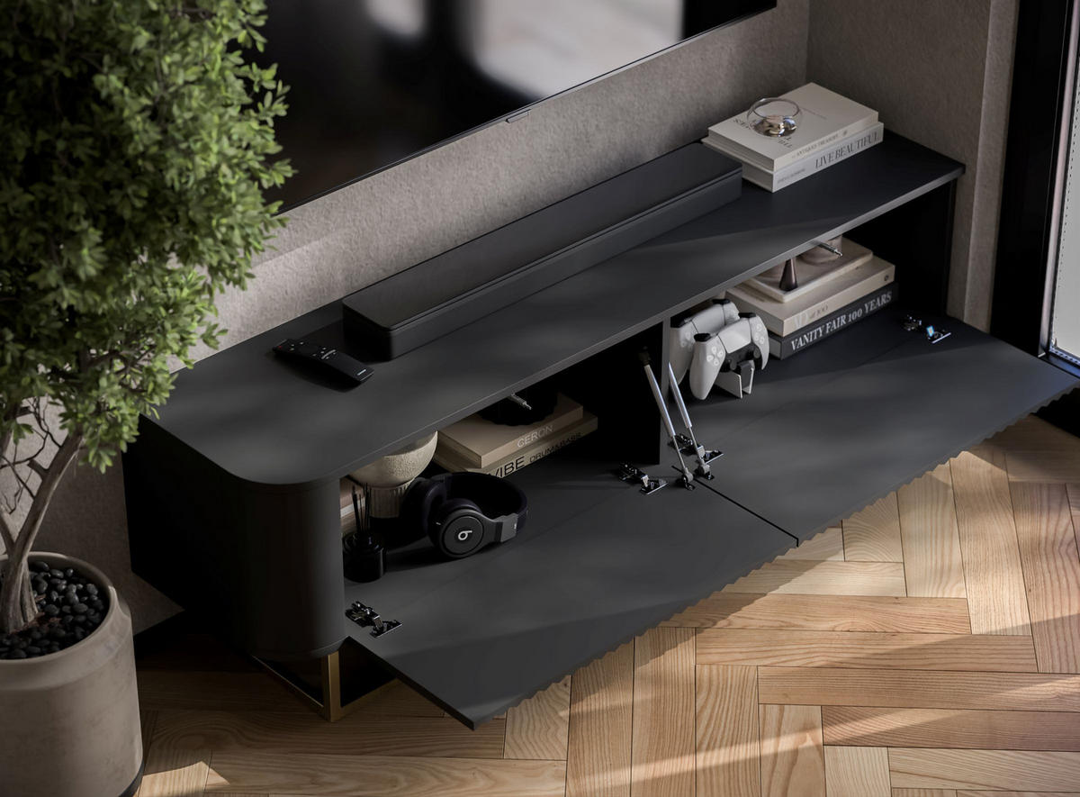 TV STOLÍK Aurora čierny matný 140 cm s kovovým rámom - čierna, kov/kompozitné drevo (140/44/35cm) - Meble Lindner