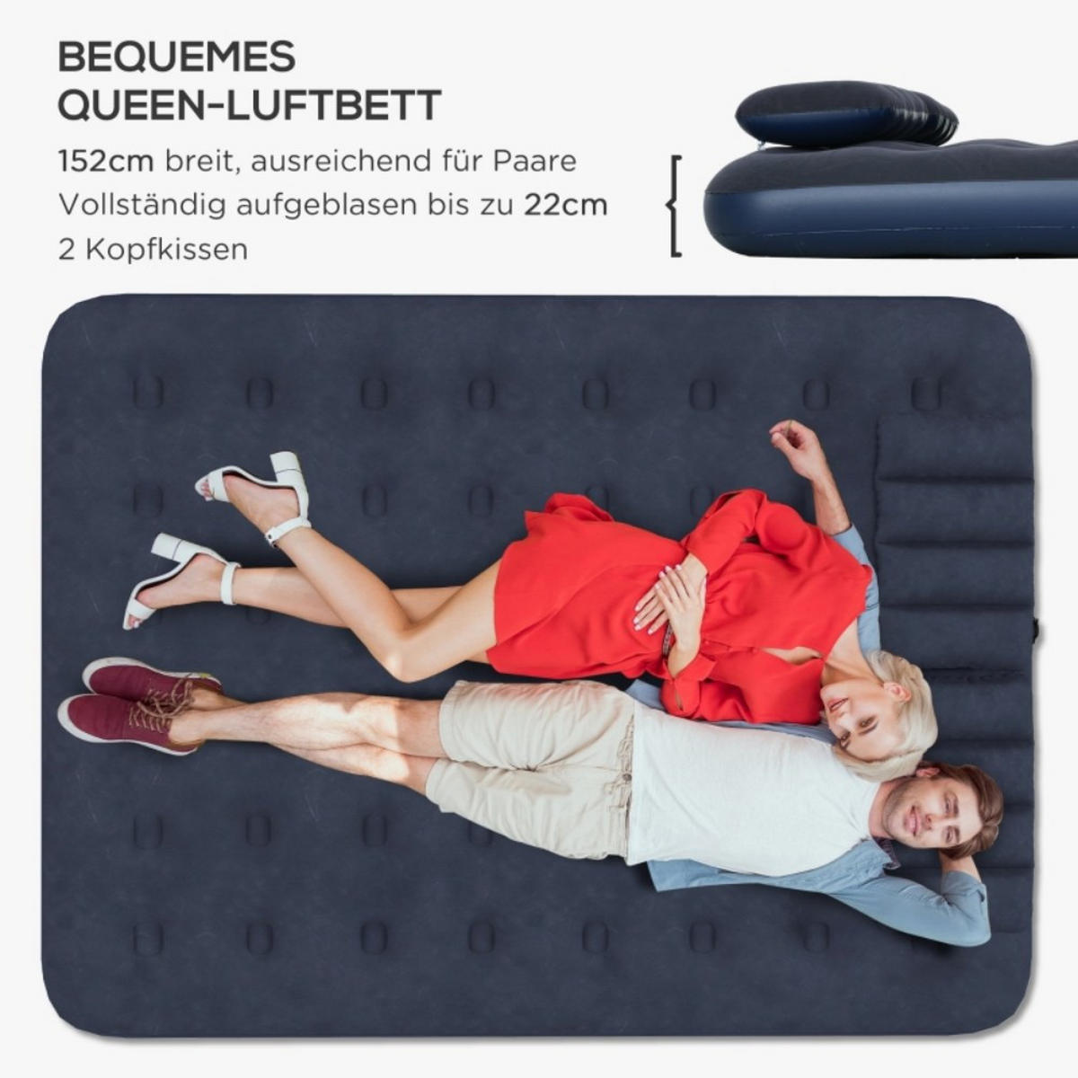 LUFTBETT Doppel-Luftmatratze mit Handpumpe & Kopfkissen， Blau 203x152x22cm für Camping & Gäste - Blau, Kunststoff