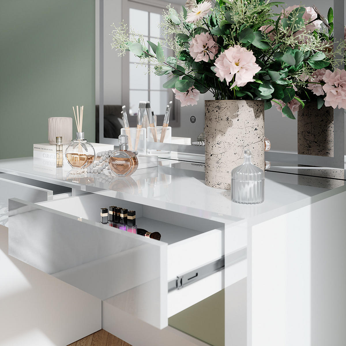 SCHMINKTISCH Annabelle Weiß Hochglanz/Weiß 110 cm mit LED-Spiegel - Weiß Hochglanz/Weiß, Holzwerkstoff (110/75.5/50cm) - Vicco