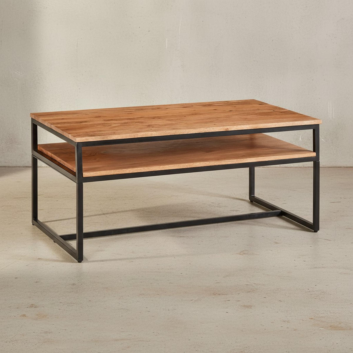 COUCHTISCH Industrial Vintage, Akazienholz und Eisen, 2 Ablagen, Belastbarkeit 15 kg - Beige/Schwarz, Holz/Metall (60/100/45cm) - KADIMA DESIGN