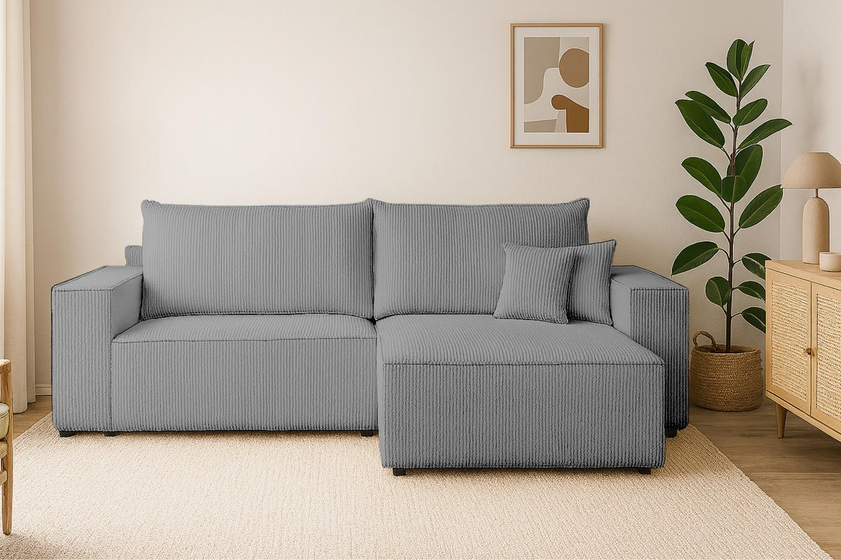 ECKSOFA MATT 255/153 cm rechts in Cord Hellgrau - Hellgrau/Schwarz, Holz/Holzwerkstoff (255/153cm) - Deine Möbel 24