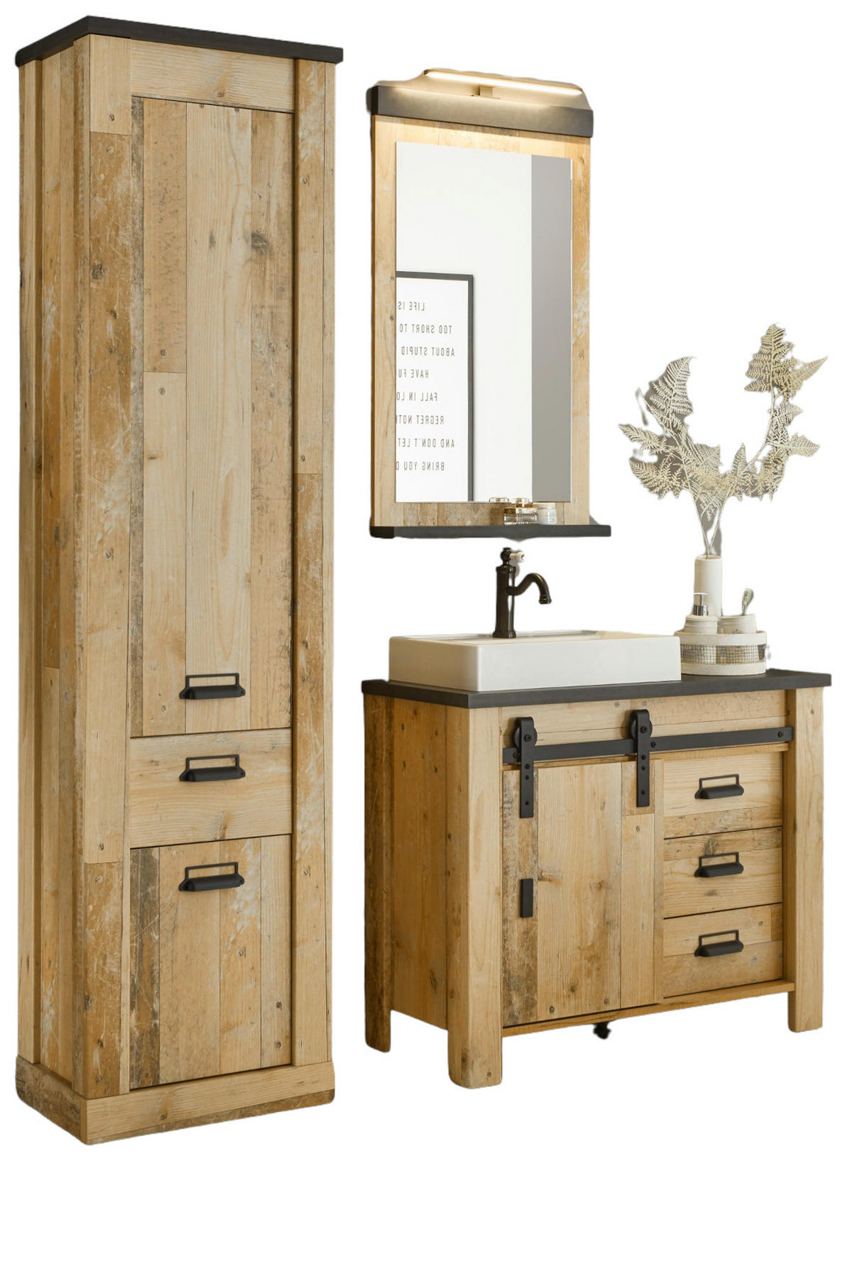 BADMÖBEL-SET 5-teilig, Used Wood hell, anthrazit, Badkombination mit Waschbecken LED Spiegellampe - Eichefarben/Anthrazit, Holzwerkstoff/Metall (166/210/43cm) - Furn.Design