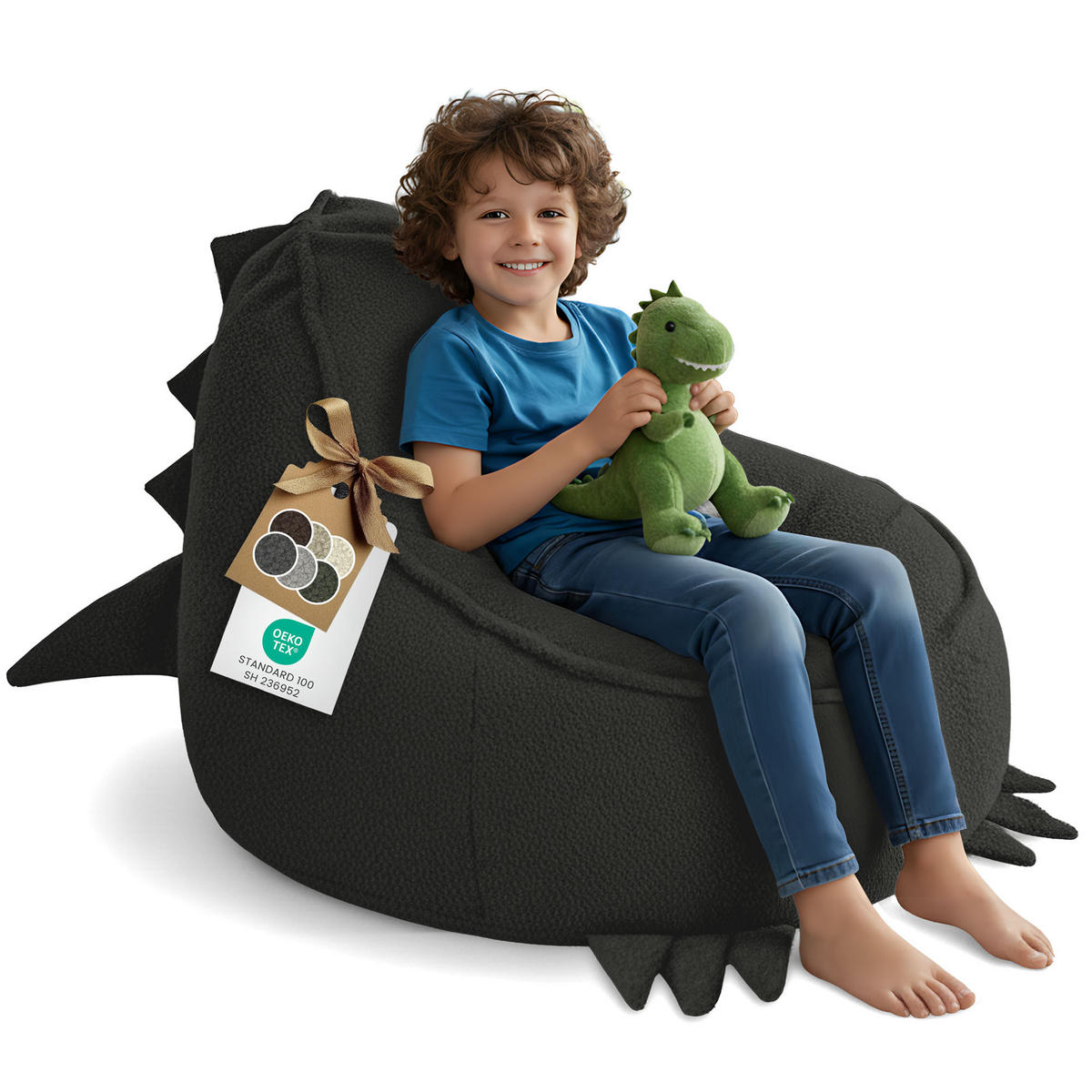 SITZSACK FÜR KINDER Dino 75/75/55 cm, weicher Bouclé 315 g/m², abnehmbarer Bezug, Steel Grey - Dunkelgrau, Textil (75/55/75cm) - Dreamroots