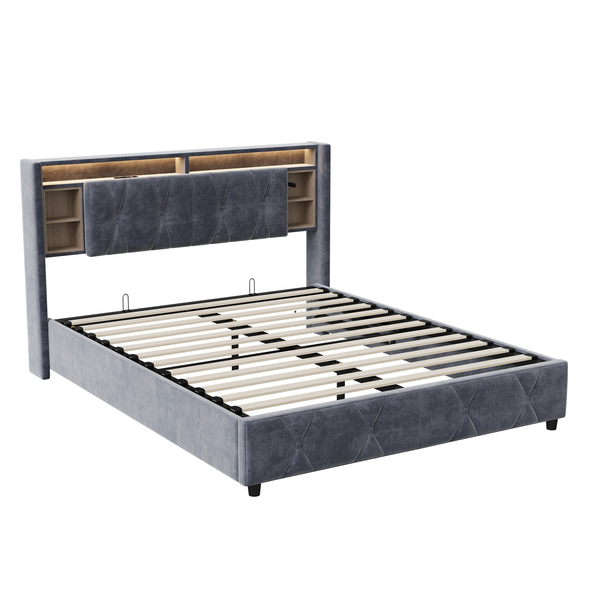 ČALOUNĚNÁ postel 140x200 cm, šedá, s USB a Type-C, lamelový rošt, úložný prostor s LED, samet, manželská postel