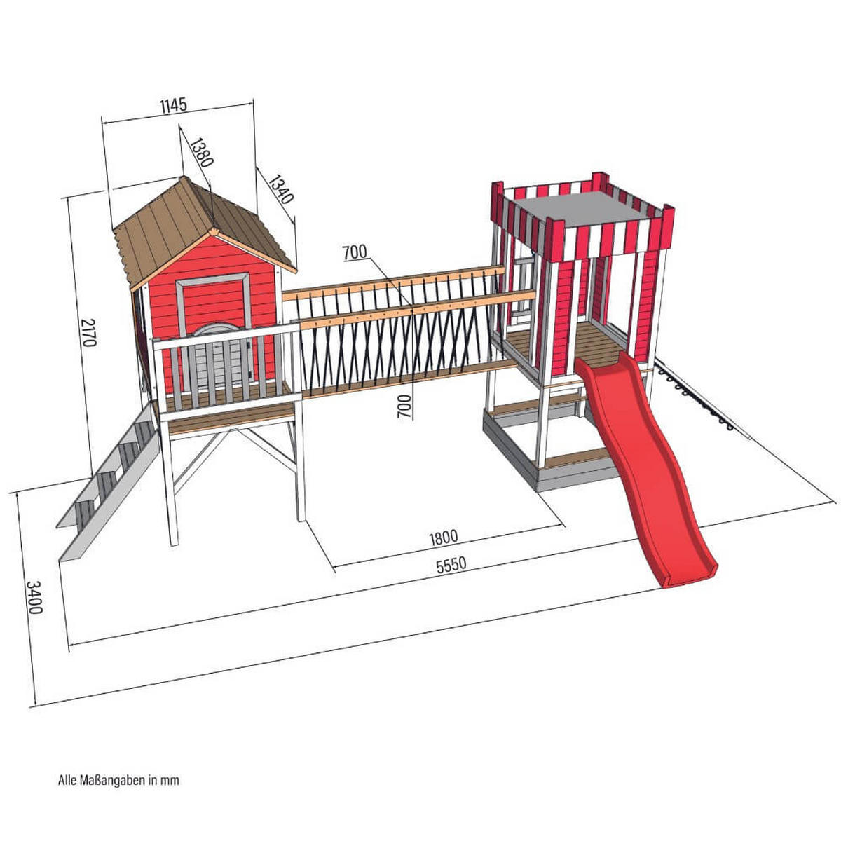 SPIELPARK WUNDERLAND - Rot, inkl. Rutsche - Rot, Holz (555/215/340cm) - Home Deluxe