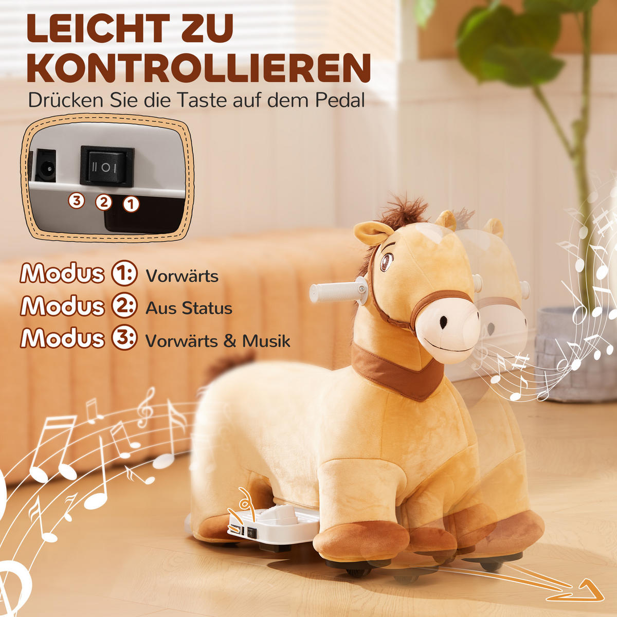 ELEKTRISCHES Pferd, Braun, Polyester, Kunststoff, 69cm x 34cm x 53cm - Braun, Kunststoff (69/34/53cm) - AIYAPLAY