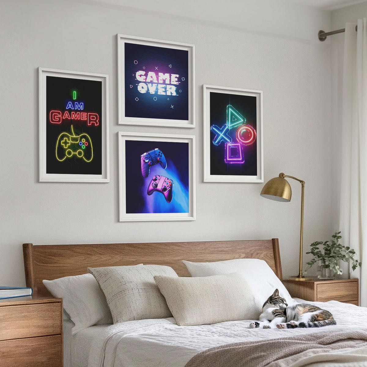WANDBILDER 4er-Set - 50x50 cm & 40x60 cm Weißer Rahmen - Gamepads, Spielersymbol-Untertitel - Weiß, Kunststoff (50/50cm) - ArtPrintCave