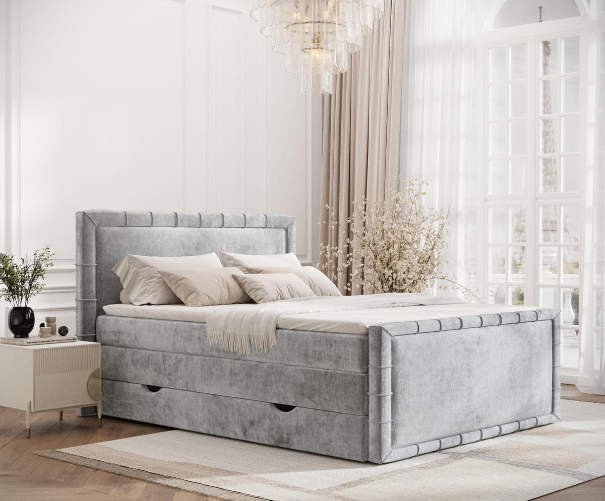 BOXBETT Estelle Hellgrau 180/200 cm im Chenille-Stoff - Hellgrau/Schwarz, Holz/Holzwerkstoff (180/200cm) - Maison de Reve