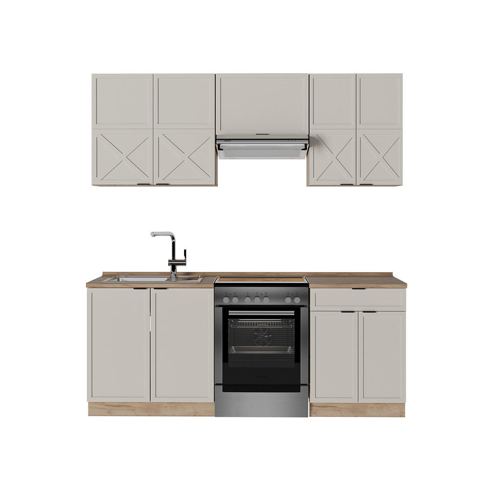 KÜCHENZEILE Fame-Line GrauBeige/Goldkraft Eiche 200 cm, AP Eiche - Honigeiche/Grau, Holzwerkstoff (200/81.6/60cm) - Vicco