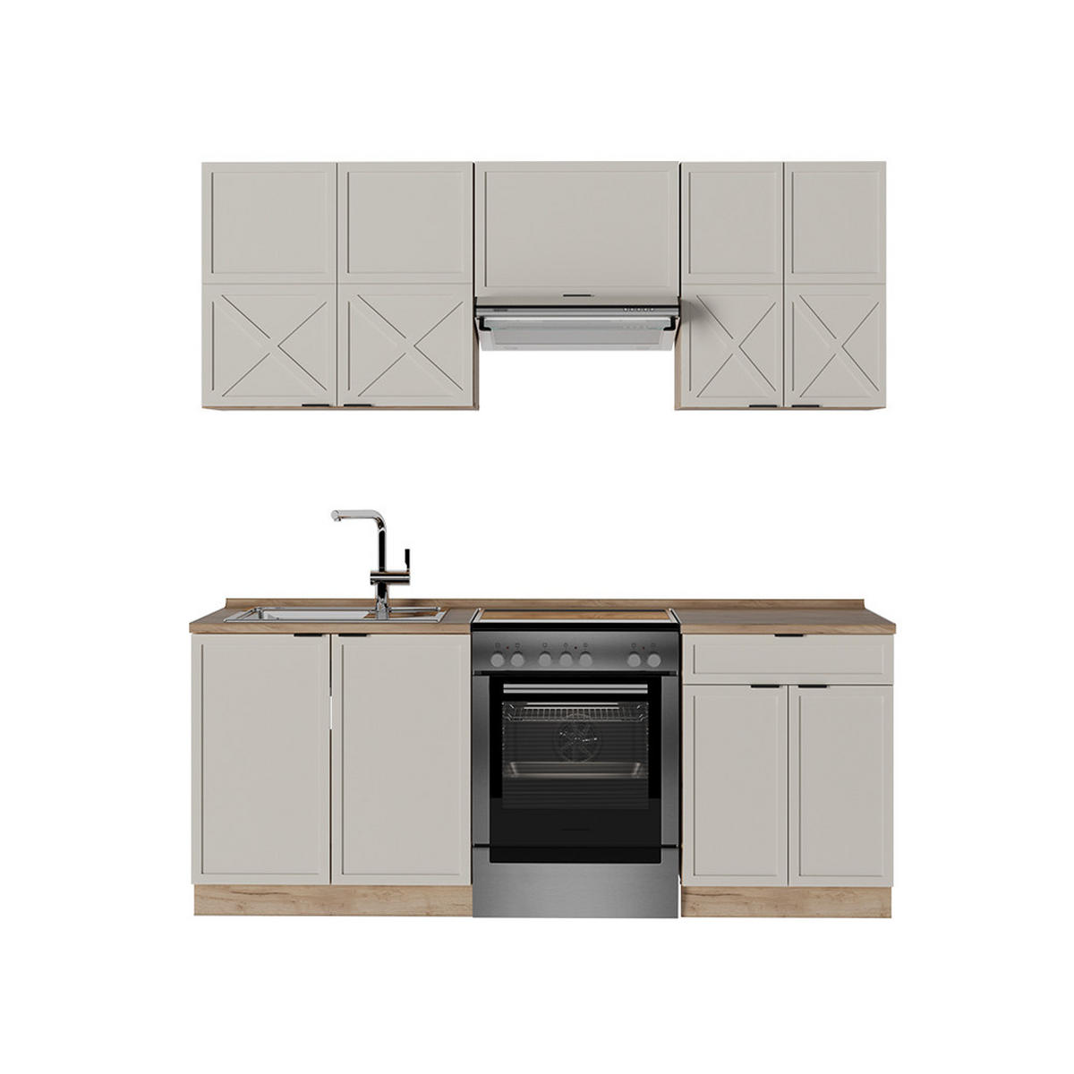 KÜCHENZEILE Fame-Line GrauBeige/Goldkraft Eiche 200 cm, AP Eiche - Honigeiche/Grau, Holzwerkstoff (200/81.6/60cm) - Vicco