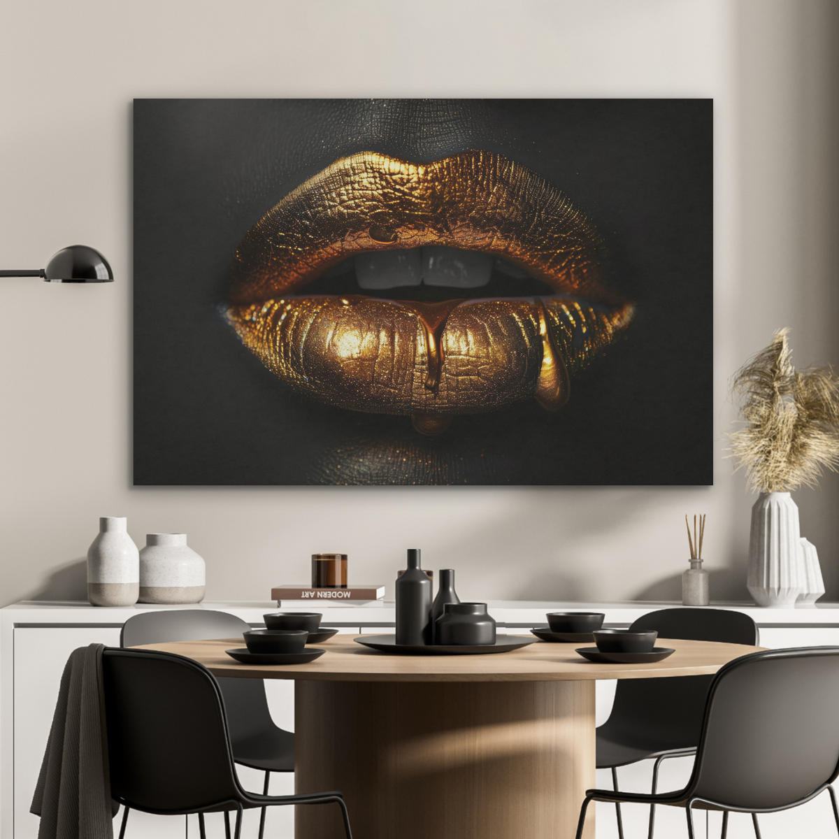 AKUSTIKBILD Frau - Porträt - Lippen - Gold - Schwarz Akustikpaneele 90x60 cm - Schwarz, Kunststoff (90/60/0.9cm) - MuchoWow