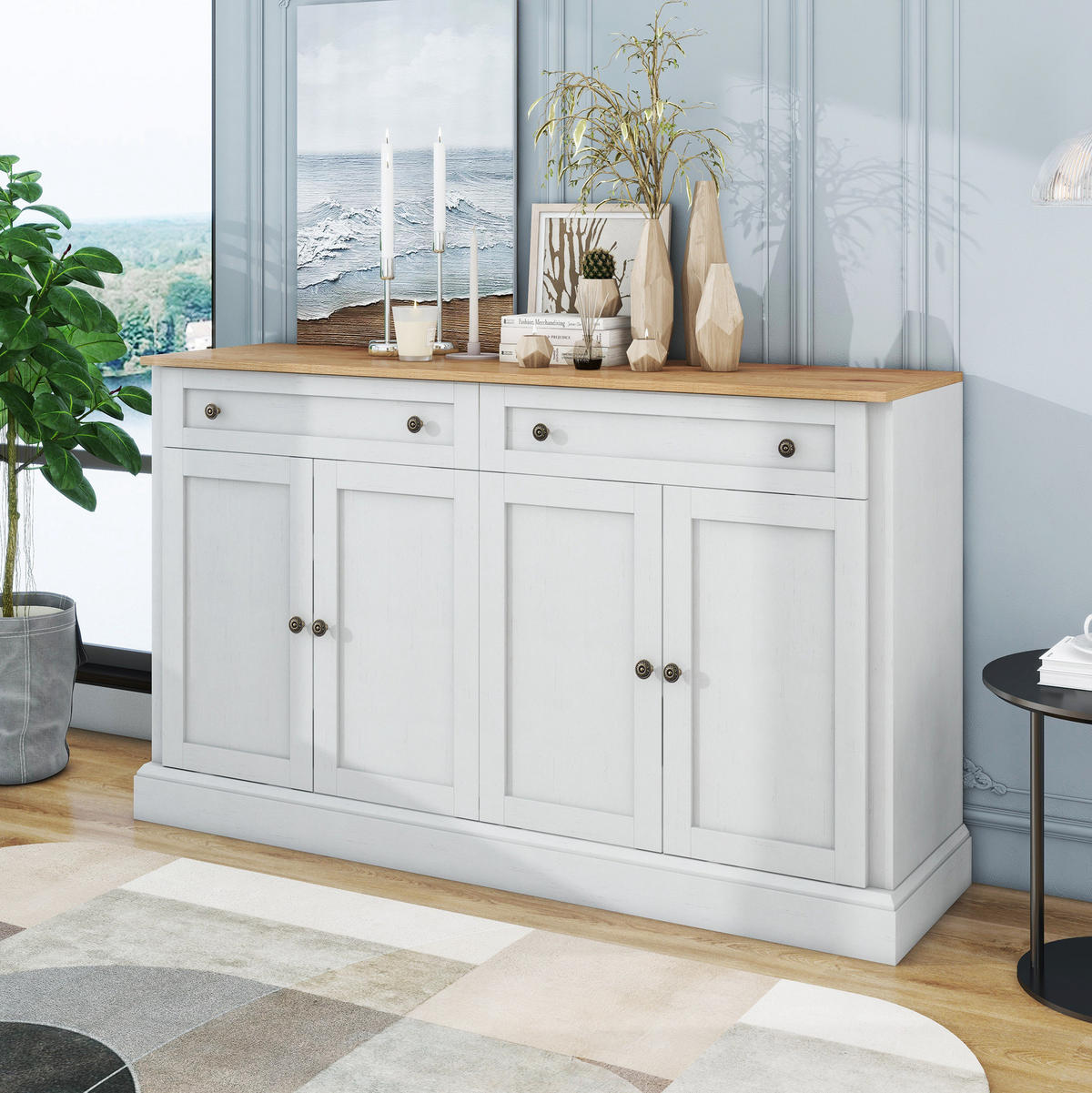 SIDEBOARD aus Spanplatte und MDF 150x40x86 cm Weiß/Naturholz mit 4 Türen und 2 Schubladen - Naturfarben, Holzwerkstoff (150/86/40cm) - IVMEU