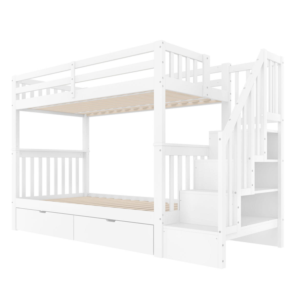 ETAGENBETT 90/200 cm weiß mit Treppenregal und zwei Schubladen - Weiß, Holz (90/200cm) - OKWISH