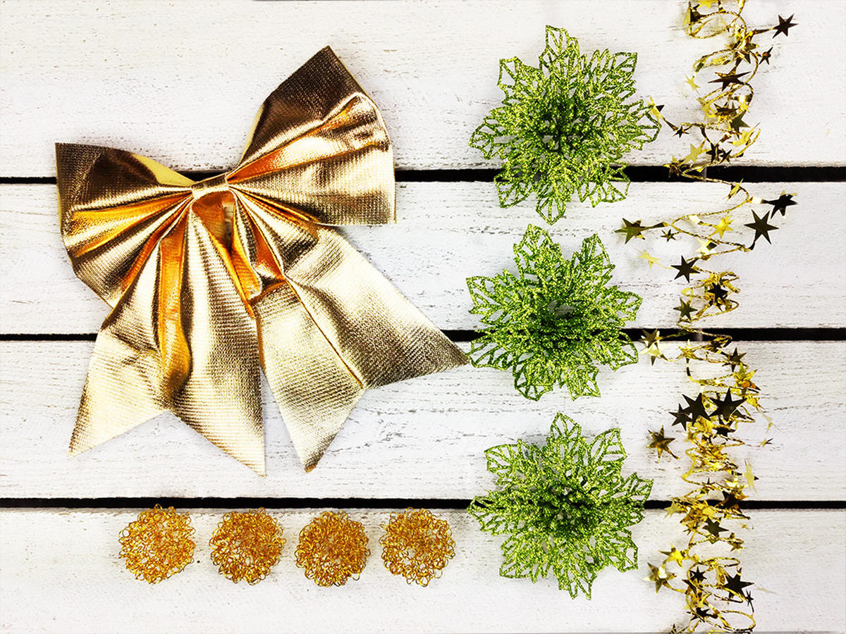 WEIHNACHTSBAUM künstlicher 60 cm mit LED-Beleuchtung, ZAUBERNACHT, mit 41 Weihnachtsbaumschmuck, Pflanztopf mit Jutesack - Goldfarben/Grün, Kunststoff/Stein (40/60cm) - LAALU