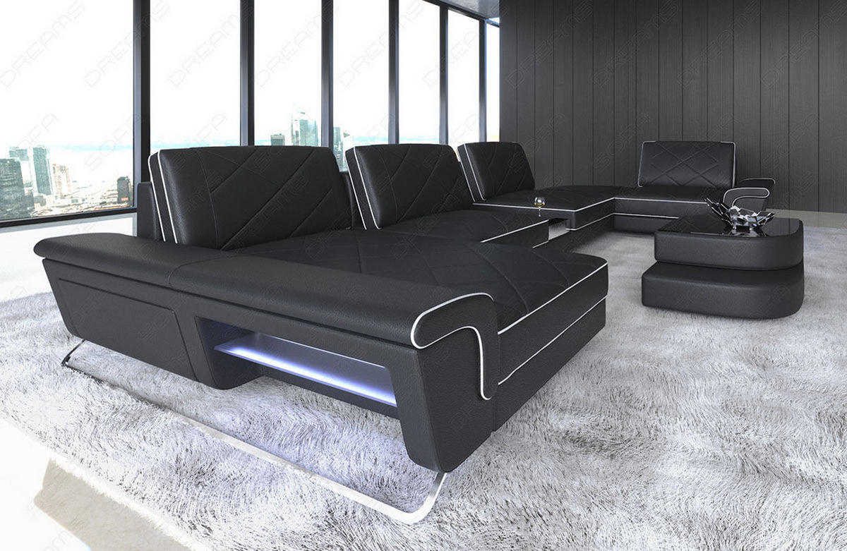 WOHNLANDSCHAFT Bari U - Schwarz/Weiß, Leder (456/89/243cm) - Sofa Dreams