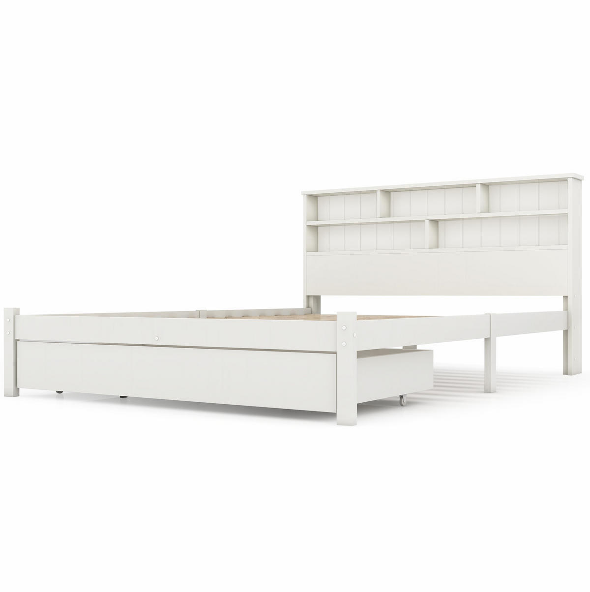 BETT 140/200 cm Weiß aus Massivholz mit Bücherregal-Kopfteil - Weiß, Holz (140/200cm) - OKMYHOME