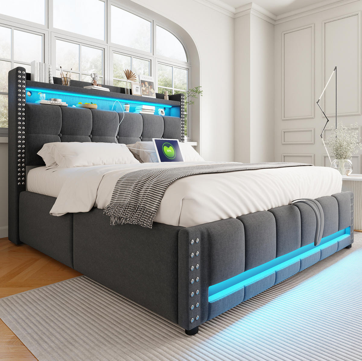 POLSTERBETT 140/200 cm mit LED-Beleuchtung, USB-Anschluss, hydraulischem Stauraum und Leinenbezug, Grau - Grau, Textil (140/200cm) - Redom