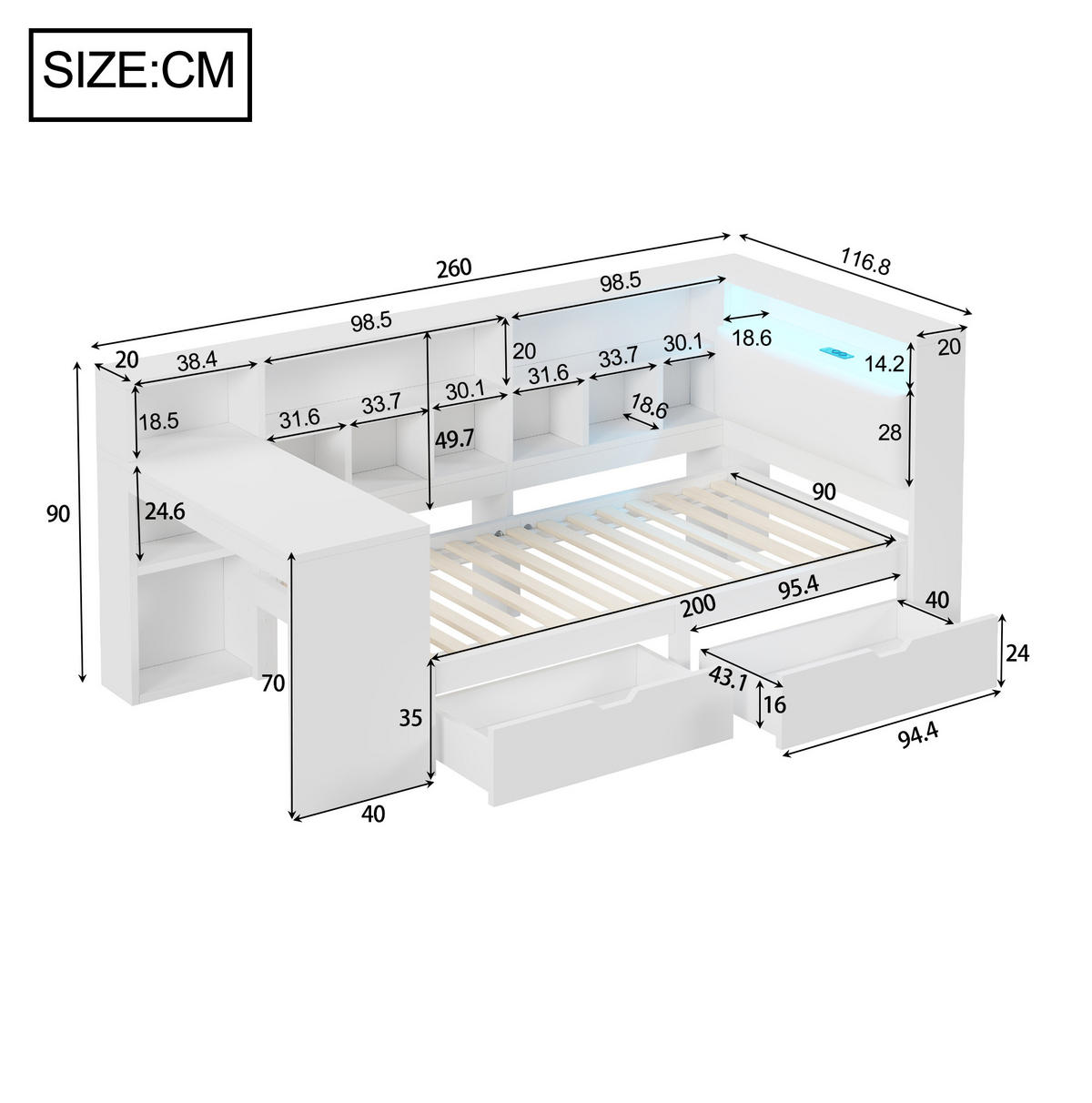 TAGESBETT 90/200 cm mit Schreibtisch, Bücherregal, LED-Beleuchtung und Stauraum, Weiß - Weiß, Holzwerkstoff (90/200cm) - Redom