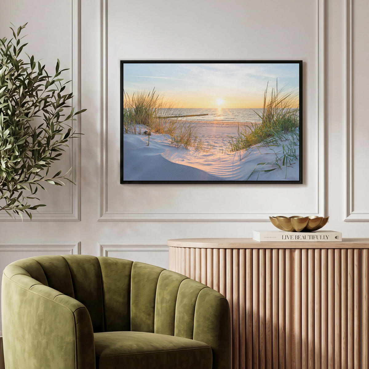 LEINWAND Bilder mit Rahmen - Strand - Sonne - Düne - Gras - Sand - Horizont - 60x40 - Hellblau, Textil (60/40cm) - MuchoWow