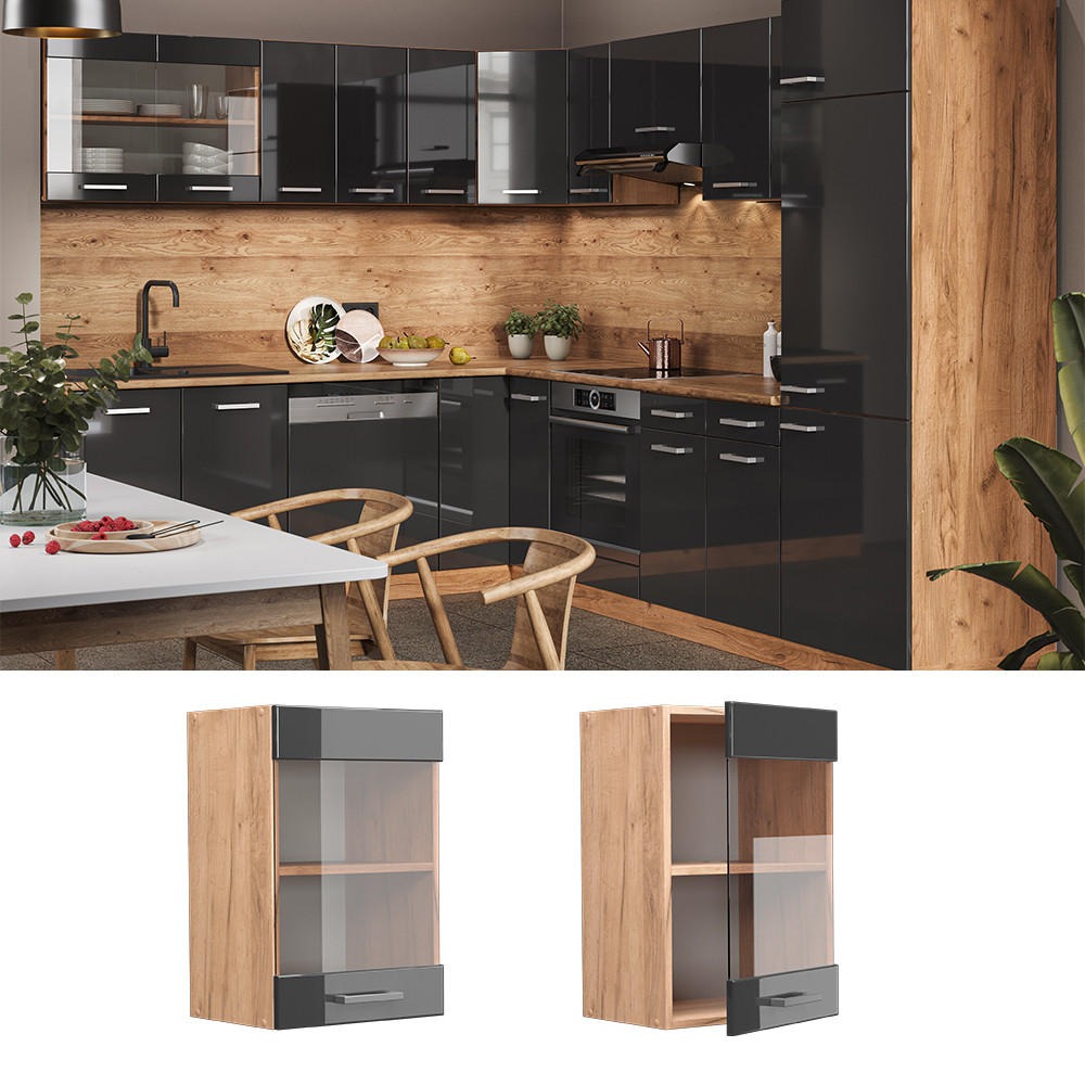 KÜCHENGLASSCHRANK R-Line Anthrazit Hochglanz 40 cm - Honigeiche/Schwarz Hochglanz, Holzwerkstoff (40/60/31cm) - Vicco