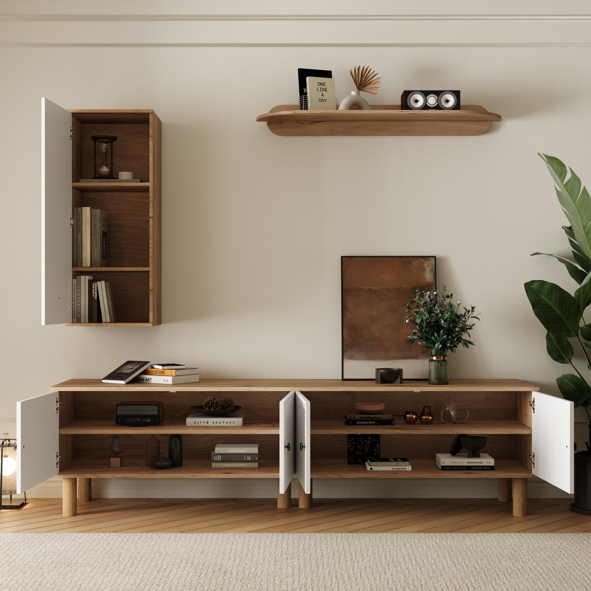 WOHNWAND 3-teilig Weiß Holz Highboard Wandboard modern - Multicolor, Holzwerkstoff (170/50/40cm) - FLIEKS