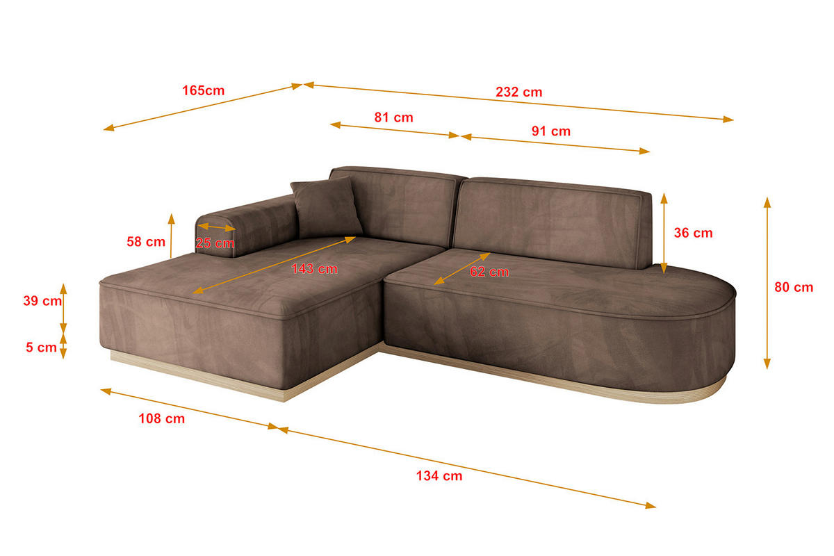 ECKSOFA Ottomane Links IREA-L1 - 232x165x80 cm Braun - Braun, Holzwerkstoff/Textil (232/165cm) - ALTDECOR