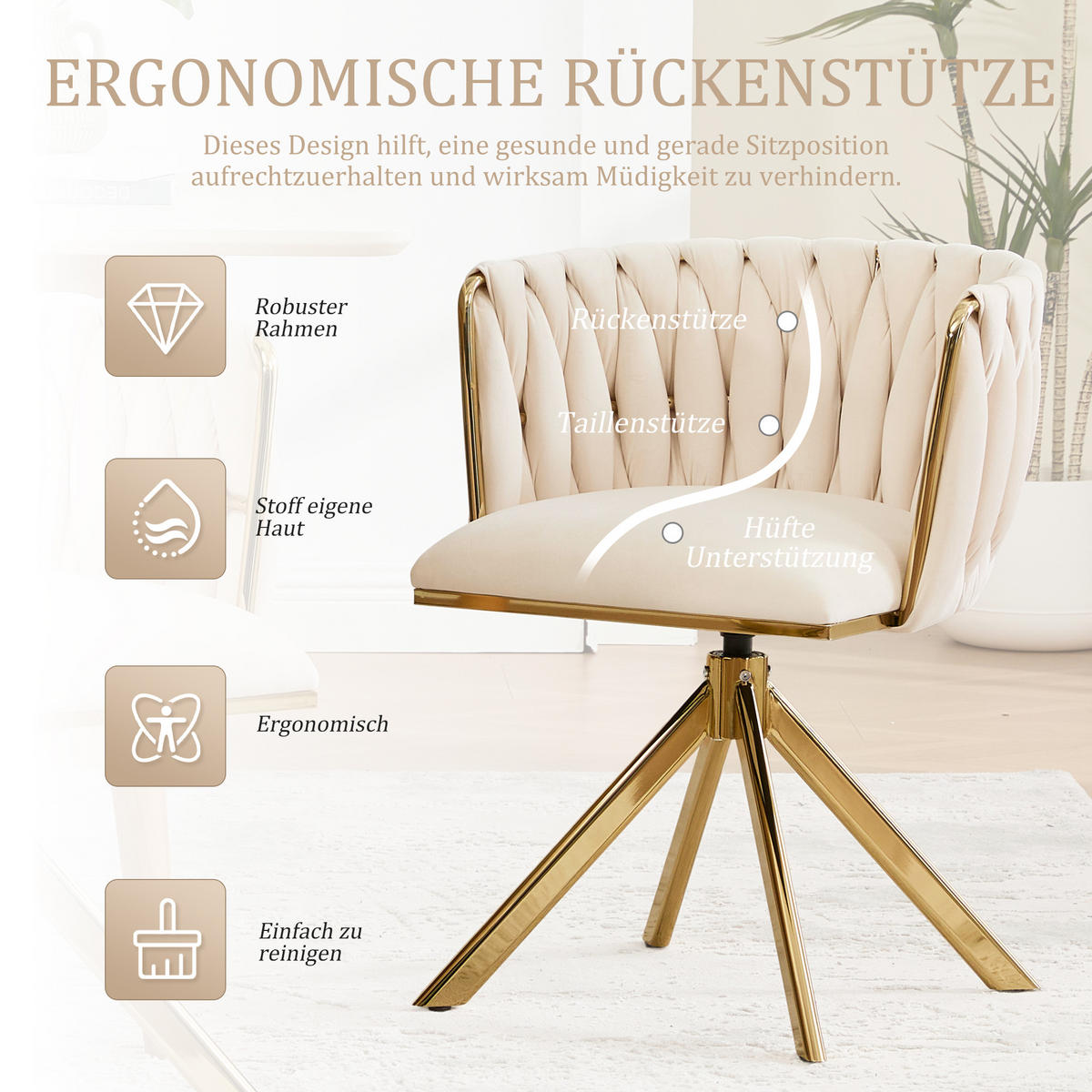 ARMLEHNSTUHL(SET à 2 Stück) mit Metallgestell - ergonomische Rückenlehne und 180° Schwenkfunktion - Elfenbein - Beige, Textil/Metall (50/70/56cm) - KOMHTOM