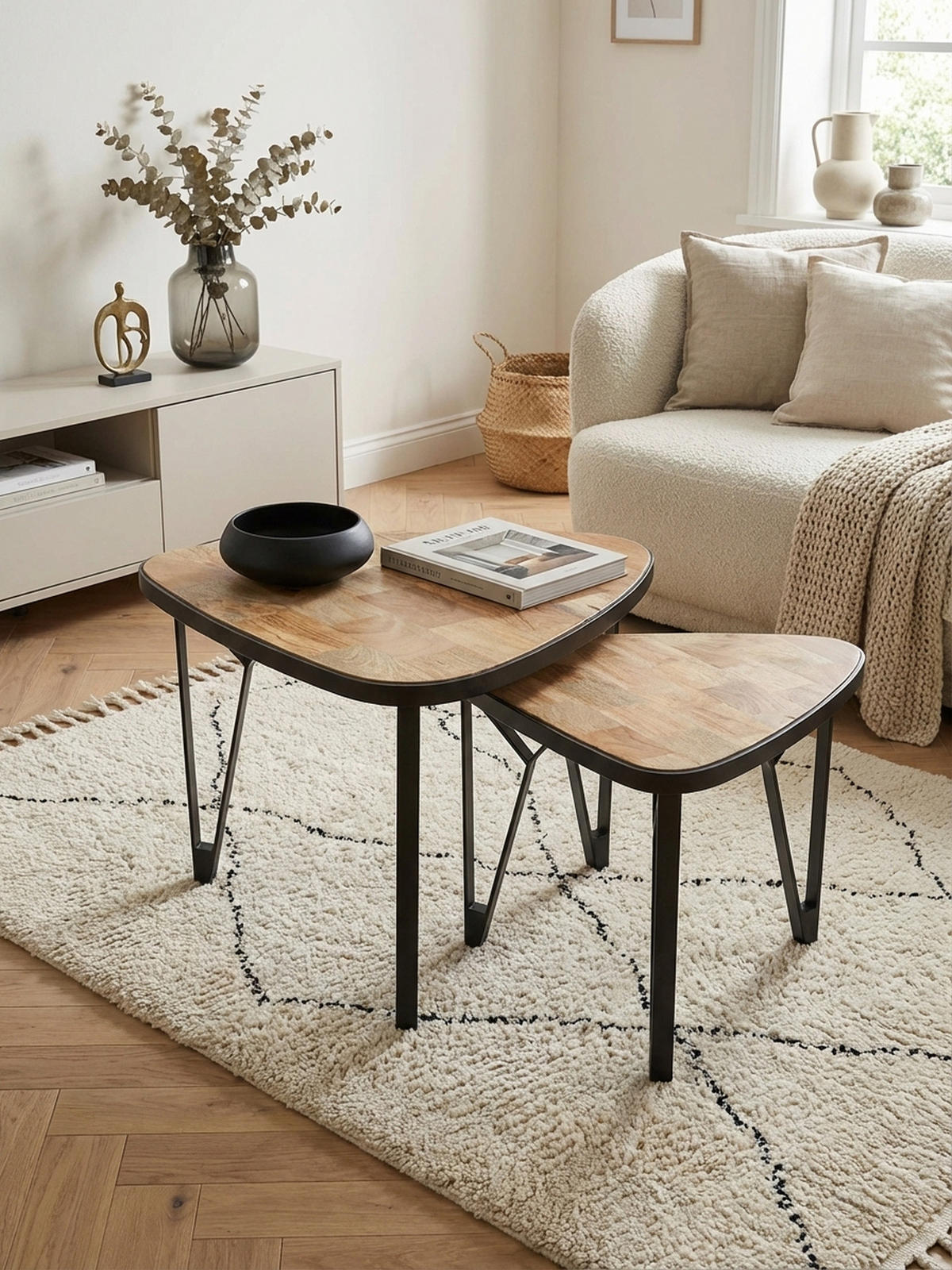 COUCHTISCH Set – Massivholz Metall Braun Schwarz platzsparend Industrial - Beige/Schwarz, Holz/Metall (60/60/45cm) - KADIMA DESIGN