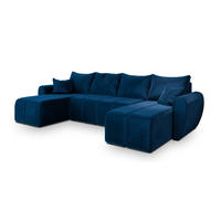 WOHNLANDSCHAFT MADISON U Blau Plüsch-Stoff mit Schlaffunktion - Blau, Holz (311/82/145cm) - MASSENO