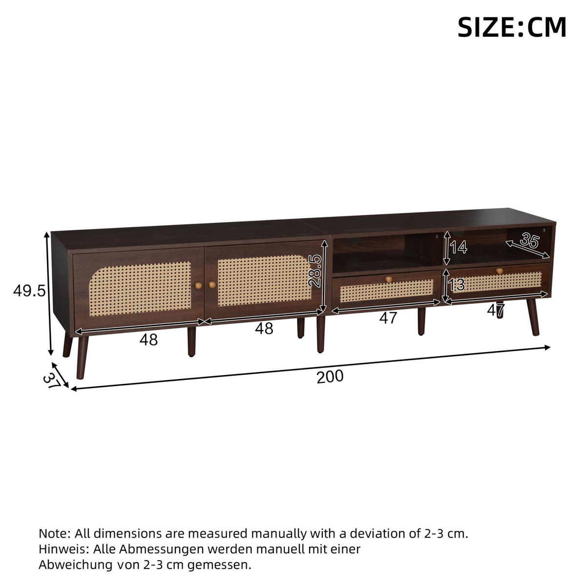 TV stolík 200/37/49,5 cm tmavohnedý z drevotriesky s ratanovými dvierkami a 2 zásuvkami - hnedá, kompozitné drevo (200/49.5/37cm) - OKWISH