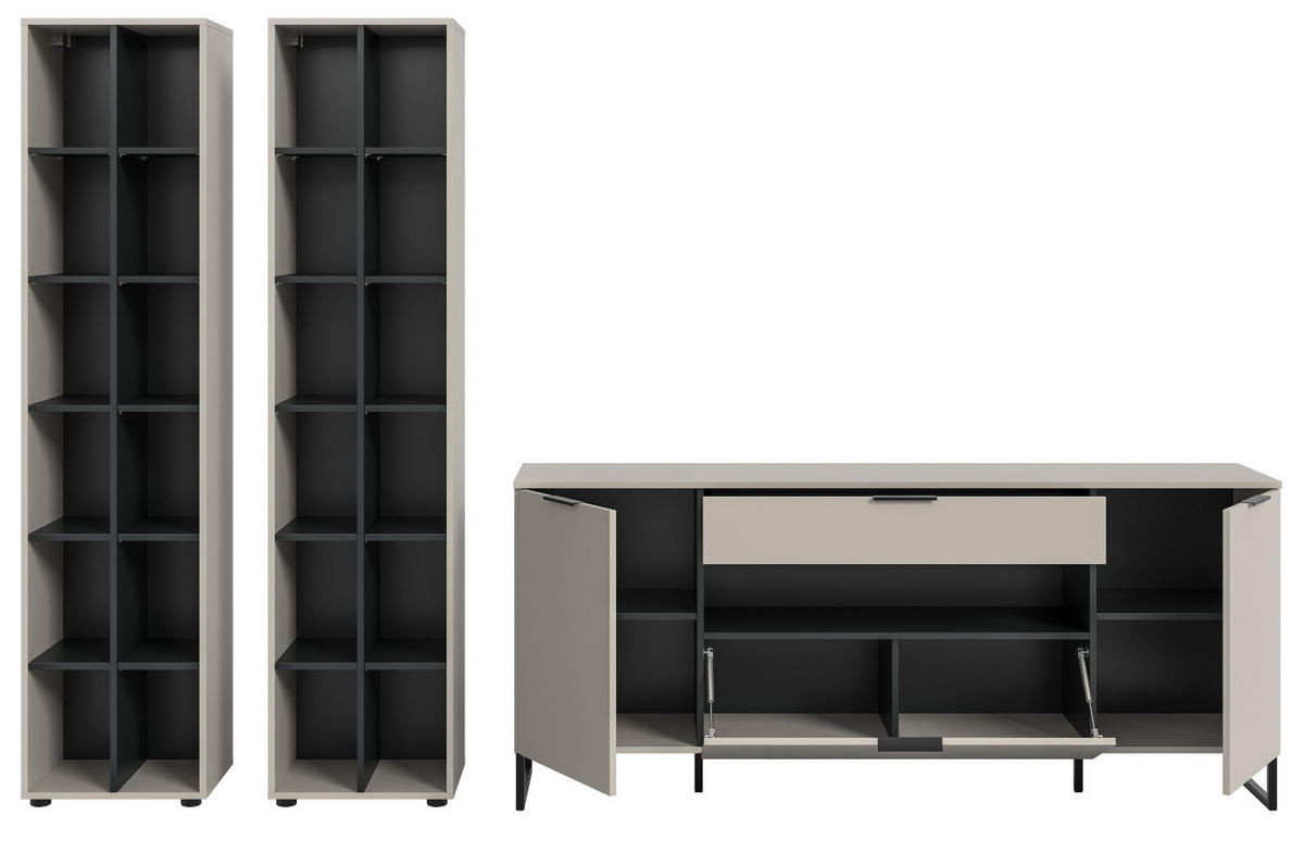 WOHNWAND kaschmir, schwarz 3-teilig 305 cm, Komplettset mit Soft-Close-Funktion - Kaschmir/Schwarz, Holzwerkstoff/Kunststoff (305/192/41cm) - Inn.Furn