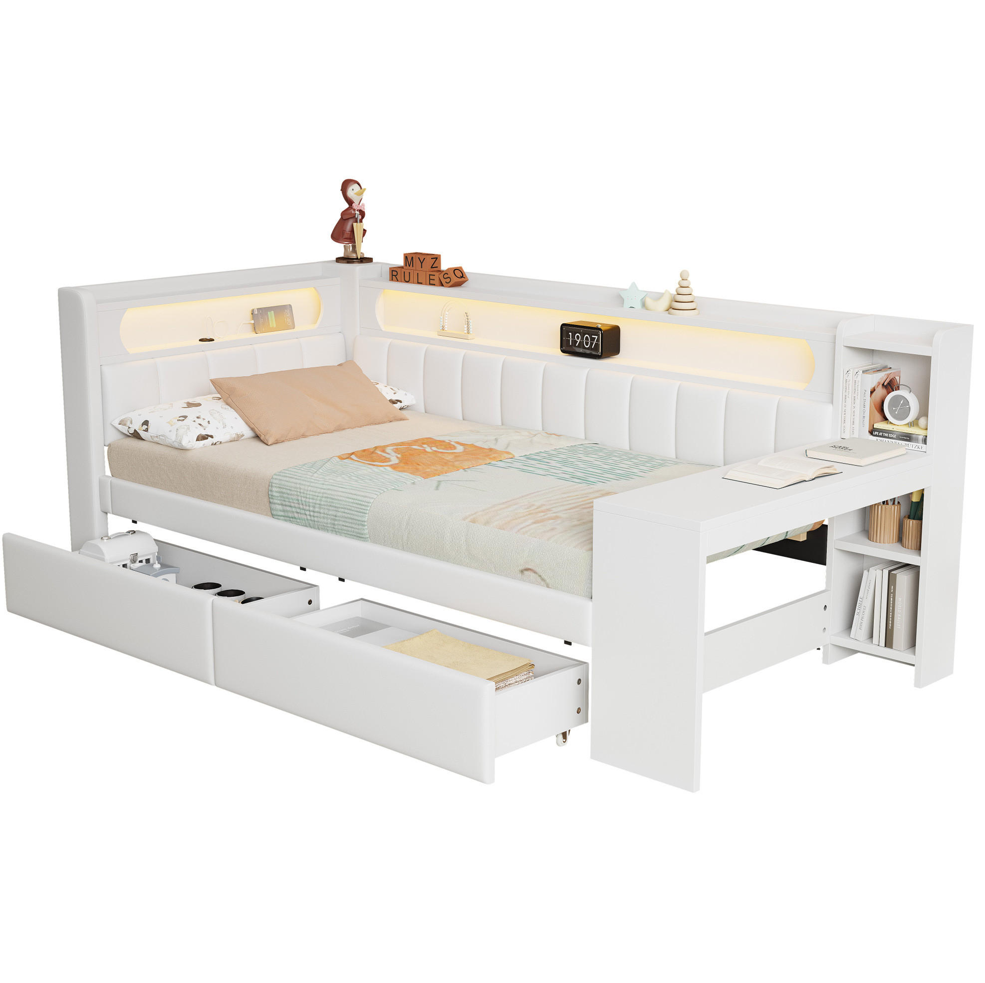 Modfu ČALOUNĚNÁ postel z MDF, překližky a lehu 90x200 cm bílá s LED osvětlením, USB portem, psacím stolem a 2 zásuvkami