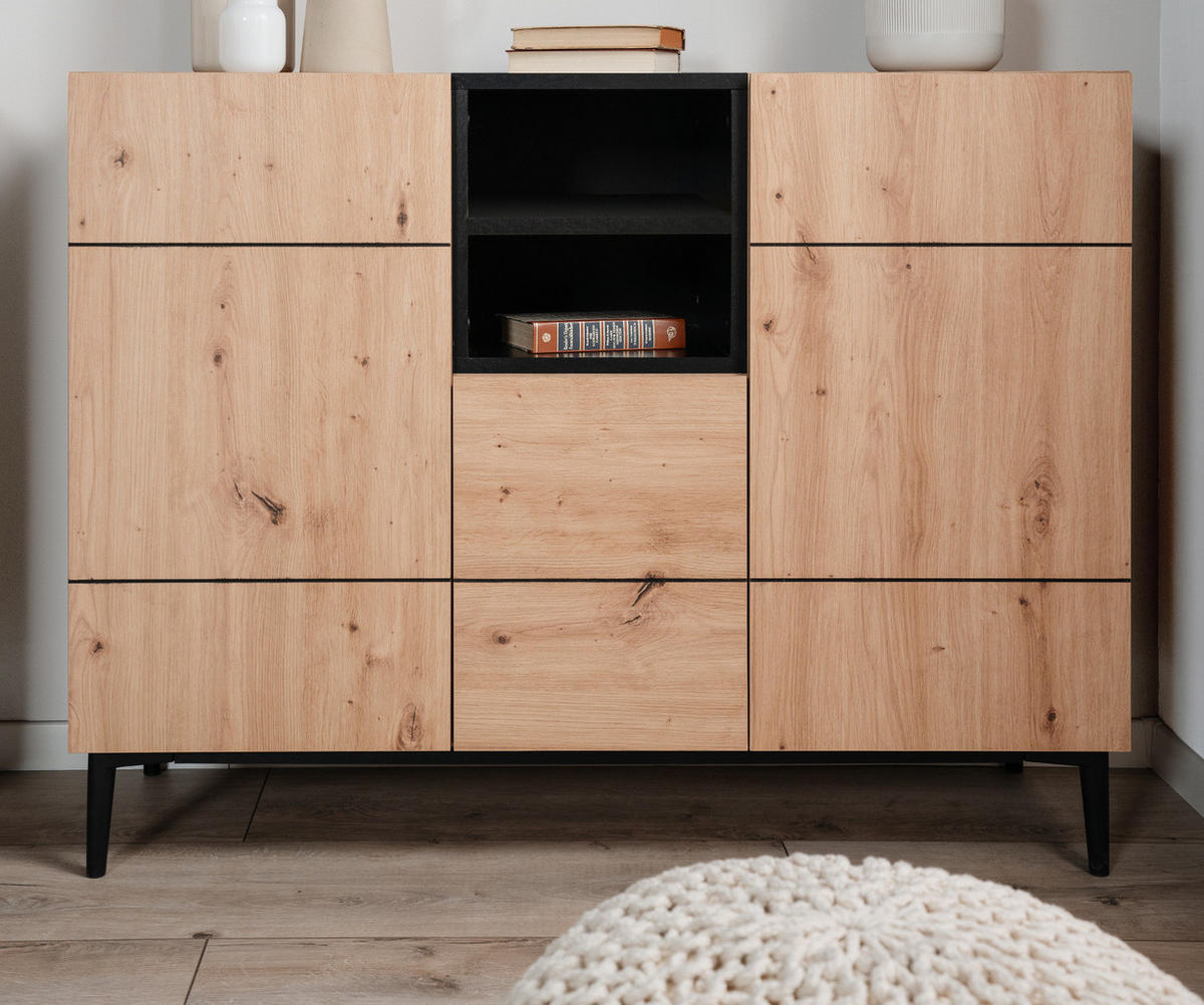 KOMMODE Eiche Artisan, schwarz 120 cm, Sideboard mit viel Stauraum - Schwarz/Eiche Artisan, Holzwerkstoff (120/90/42cm) - Furn.Design