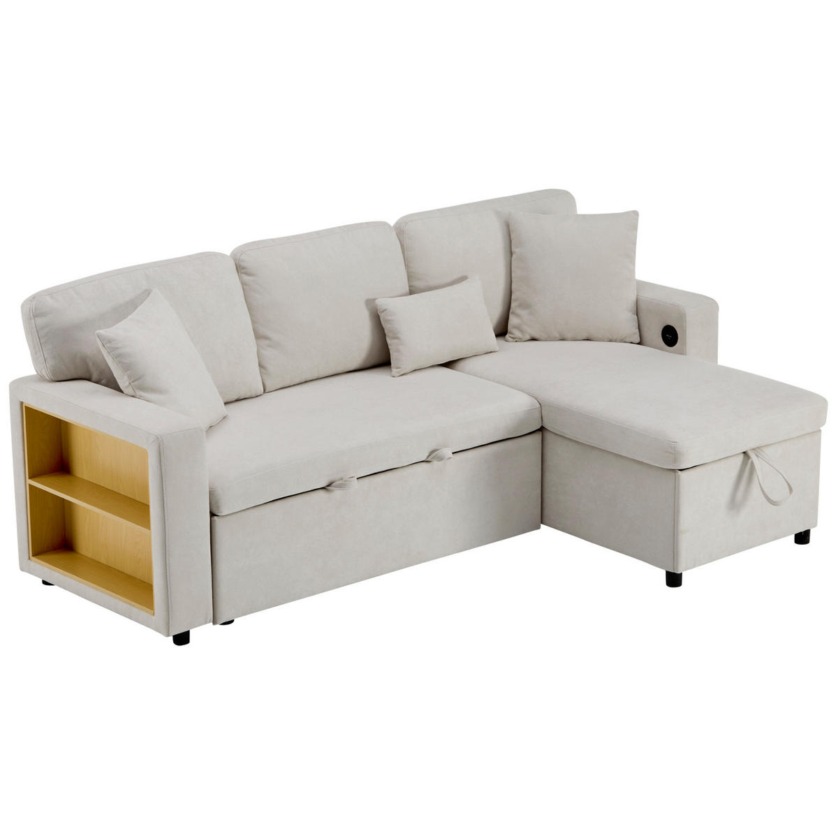 ROHOVÁ rozkládací pohovka z flanelu 214x131x87 cm béžová s USB portem, úložným prostorem a policí - béžová, textil (131/87/214cm) - Modfu