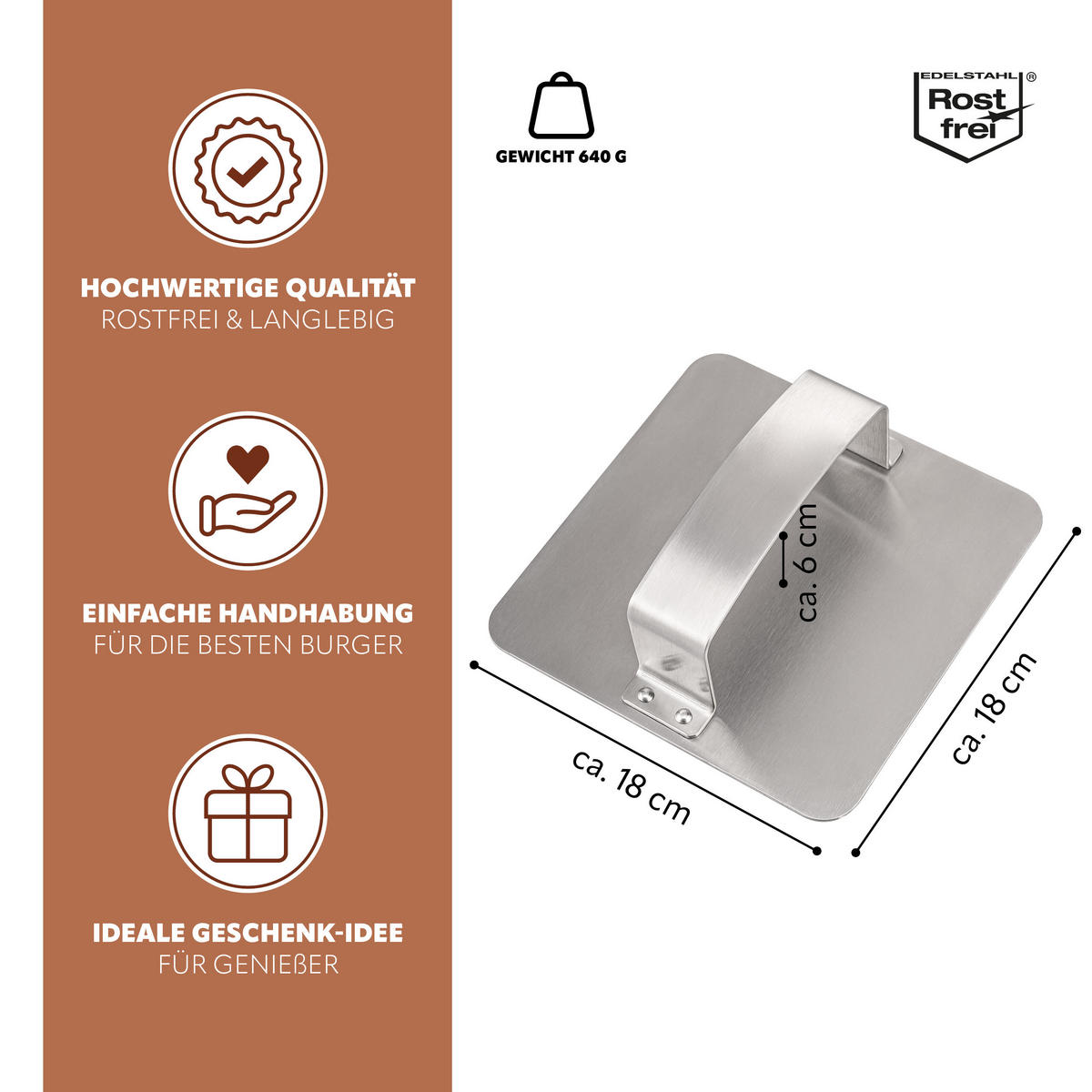 BURGERPRESSE, silber, Edelstahl - Edelstahlfarben, Metall (18/6/18cm) - bremermann