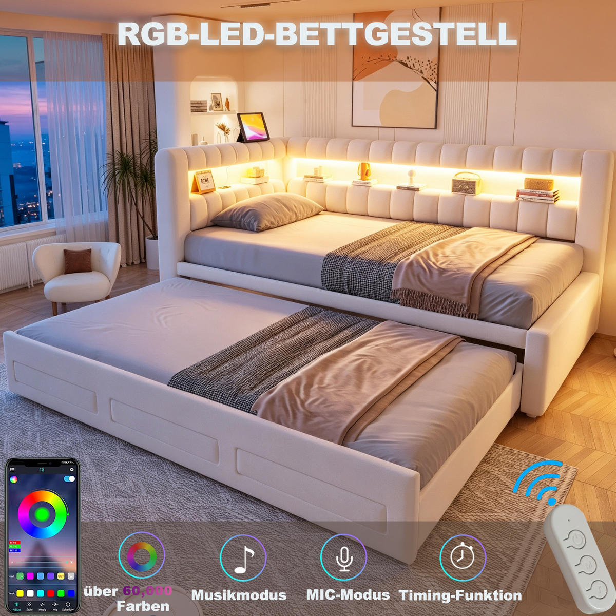POLSTERBETT Schlafsofa aus Samt 90x190 cm Beige mit Ausziehbett, Stauraum, LED-Beleuchtung und USB-/Typ-C-Anschluss - Beige, Textil (90/190cm) - Modfu