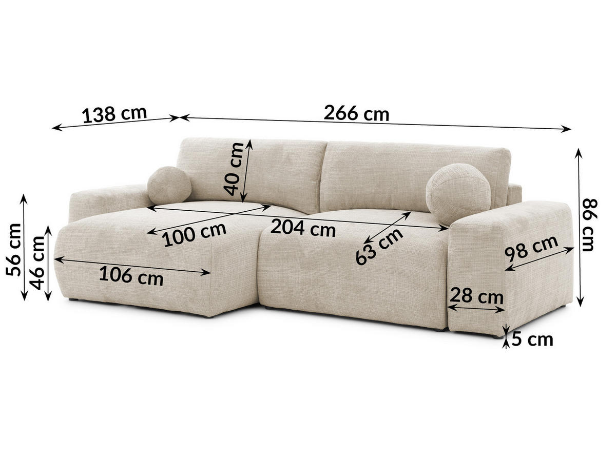 ECKSOFA Puffy mit Schlaffunktion und Bettkasten - besonders weich und puffig aus Beige Chenille-Stoff - Ottomane links - Beige/Creme, Holz/Kunststoff (138/266cm) - S-Style Möbel