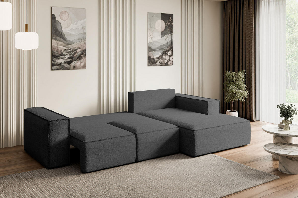 ECKSOFA mit Schlaffunktion und Bettkasten SERRA-L-S - 266x161x87 cm Grau Bouclé - Schwarz/Grau, Holzwerkstoff/Kunststoff (266/161cm) - ALTDECOR