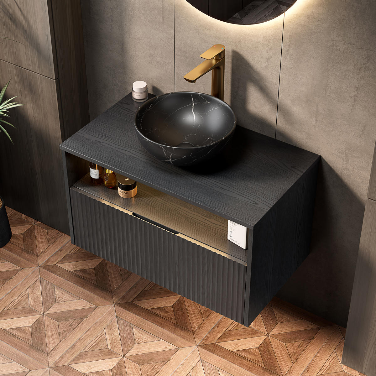 WASCHTISCHKOMBI 80x46x60.8cm in Schwarz mit Sensor-LED, Soft-Close & Massivholzfront - Schwarz, Keramik (80/60.8/46cm) - Modfu