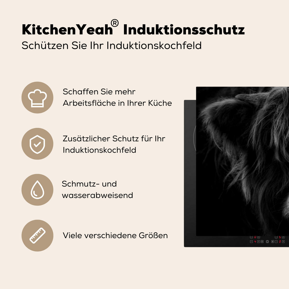 HERDABDECKPLATTE Schottischer Highlander - Kuh - Schwarz - Weiß - Tiere Induktionsmatte 81x52 cm - Schwarz, Kunststoff (81/52/0.2cm) - MuchoWow