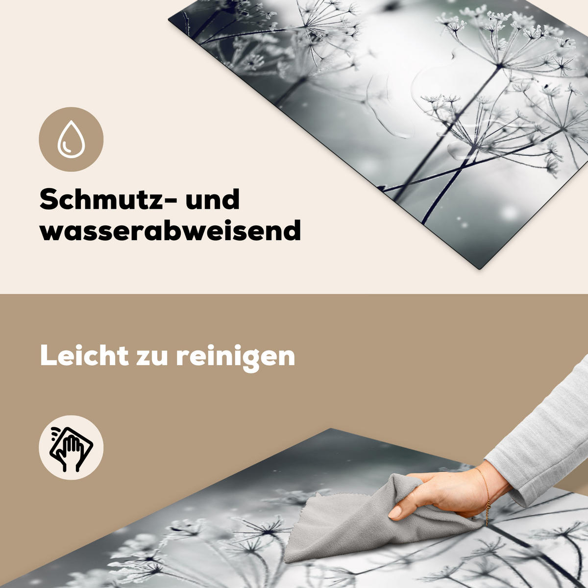 HERDABDECKPLATTE Blumen - Winter - Schnee - Natur Induktionsmatte 83x51 cm - Grau, Kunststoff (83/51.5/0.2cm) - MuchoWow