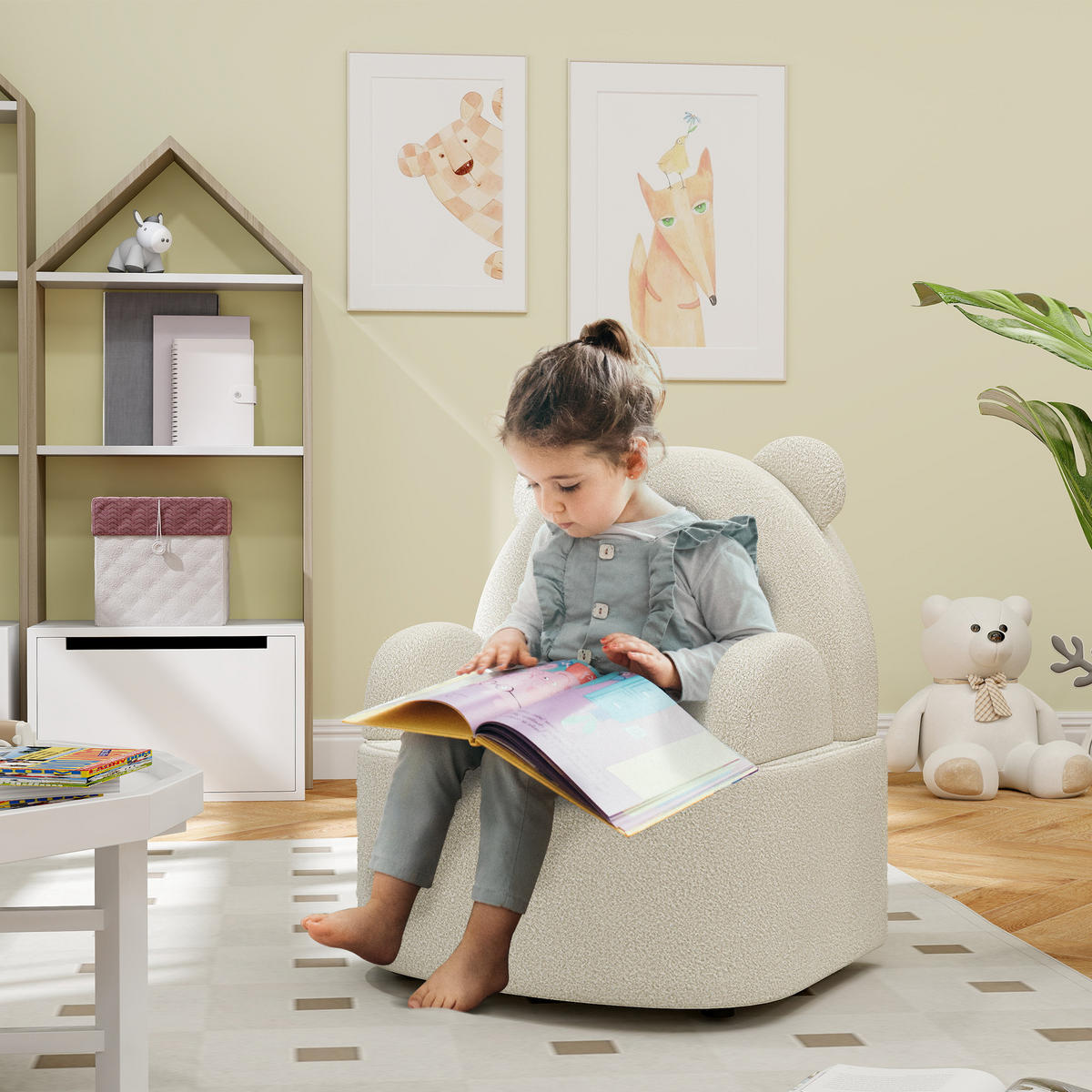 KINDERSESSEL Kindersofa mit weicher Teddyfleece Bärenform für Kinder ab 1,5Jahre - Beige/Schwarz, Holz/Kunststoff (48/59/52cm) - AIYAPLAY