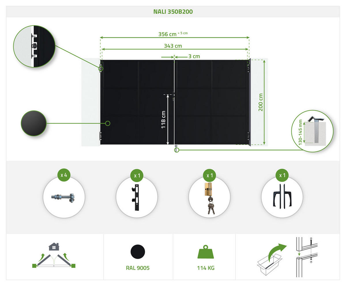 STAHLFLÜGELTOR Nali Mattschwarz 3,5m H.200cm - Schwarz, Metall (343/200cm) - Casanoov